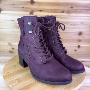 White Mountain Boots Women 8M Dorian Burgundy Lace Up Side Zip Combat Ankle Boot